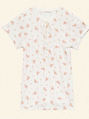 Doen Brie Knit Tee with Peach Floral Print and Tie Neck Size Small